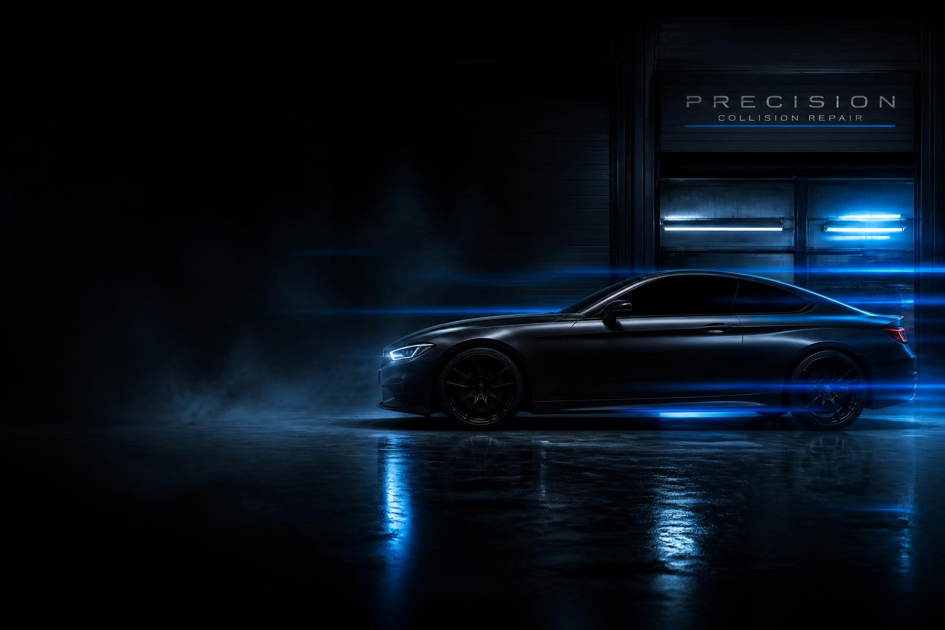 Matte black luxury car glowing with electric blue light inside a premium collision repair shop