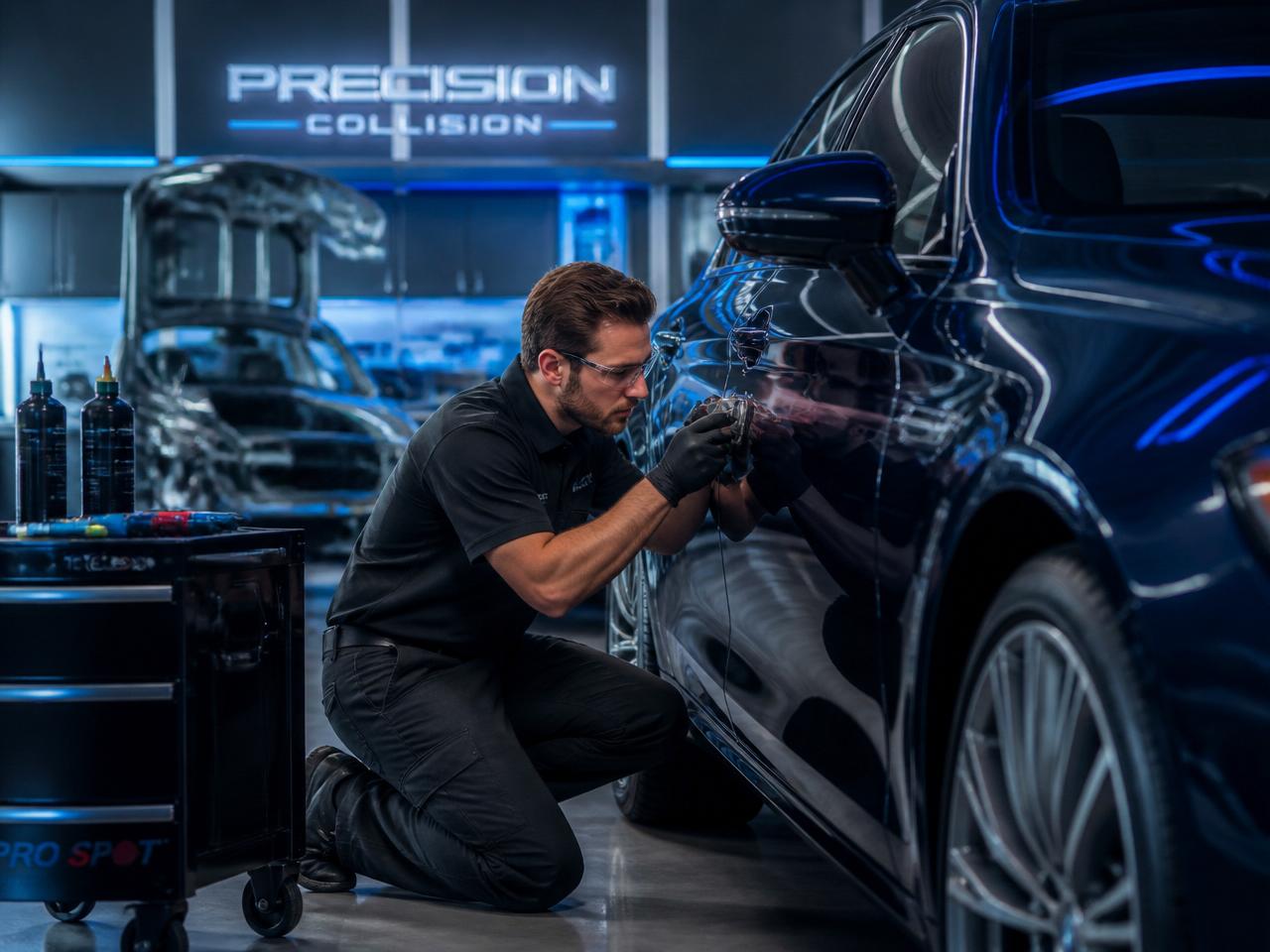 Premium auto body collision repair shop interior