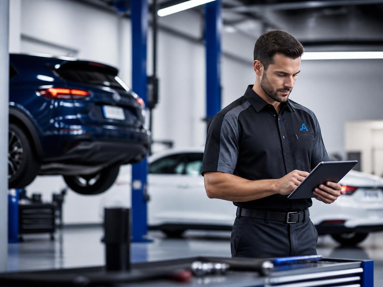 Automotive technician using a tablet in a modern repair shop